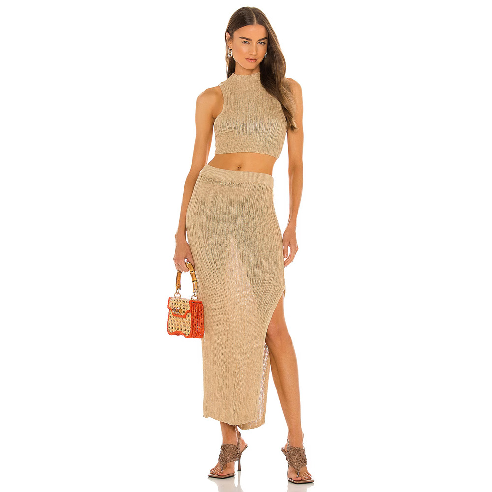 Camila Coelho Cleo Knit Set; Sleeveless Crop Top & Maxi Skirt Gold Flax Womens M